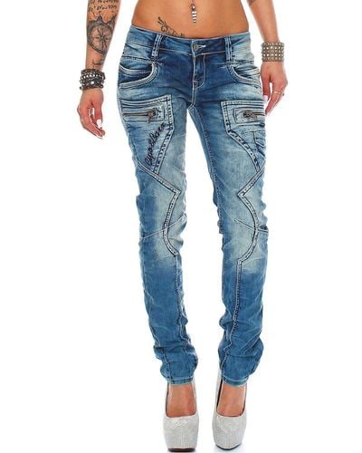 Cipo & Baxx Slim-fit-Jeans Low Waist Hose BA-WD322 im Biker Style mit Zippern und Ziernähten - Blau