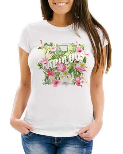 Neverless T-Shirt Flamingo Fabulous Palmen Blumen Flower Tropical ® mit Print - Grau