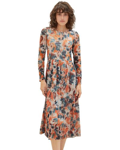 Tom Tailor Abendkleid Midi Kleid mit Knopfdetail printed mesh dress (lang) 6310 in Grau