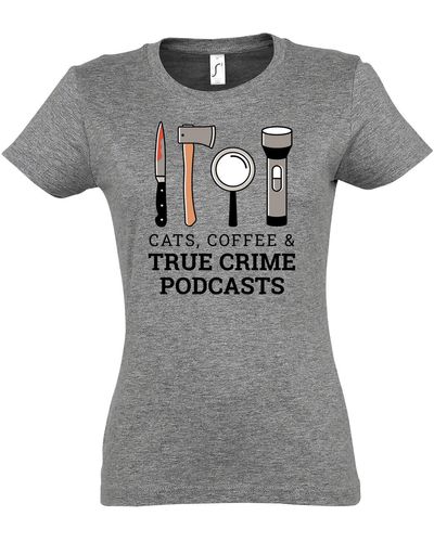 Youth Designz T- CATS COFFEE & TRUE CRIME PODCASTS Shirt Mit modischem Print - Grau