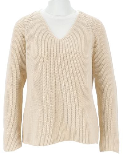 halsüberkopf Accessoires Unifarbener Pullover mit V-Ausschnitt, reine Baumwolle - Natur