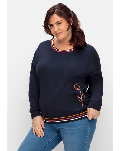 Sheego Sweatshirt Große Größen mit Stickerei und Ringelbündchen - Blau