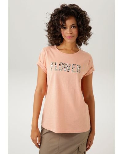Aniston CASUAL T-Shirt mit blumigem Schriftzug im Vorderteil . NEUE KOLLEKTION - Natur
