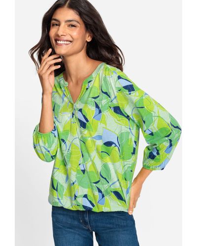 Olsen V-Shirt mit Gummizug am Saum und an Ärmelabschlüssen - Grün