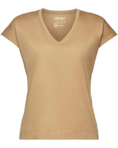 Esprit V-Neck-T-Shirt aus merzerisierter Pima-Baumwolle (1-tlg) - Natur