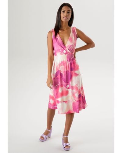 Aniston SELECTED Sommerkleid, Schulter mit Bindeband variierbar - Pink