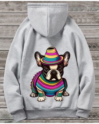 Rmk Hoodie Pullover Basic Pulli Kapuzenpullover Seitentaschen Hund Mexico Französische Bulldogge Print - Grau