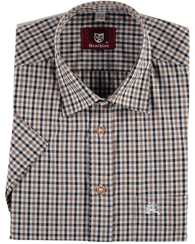 OS-Trachten Trachtenhemd Purli Kurzarmhemd mit Hirsch-Stickerei auf der Brusttasche - Schwarz