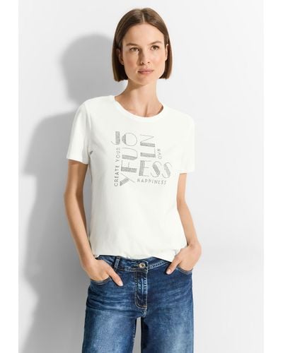 Cecil T-Shirt mit Wording aus Steinchen - Weiß