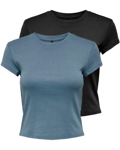 ONLY T-Shirt ONLELINA /S O-NECK SHORT TOP 2PACK JRS (Packung, 2-tlg) - Blau