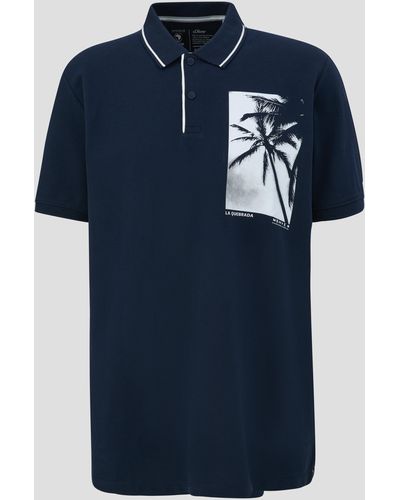 S.oliver Kurzarmshirt Poloshirt mit Frontprint Kontrast-Details - Blau
