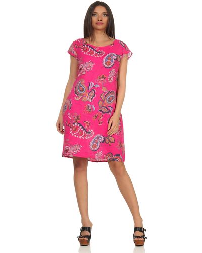 Mississhop Sommerkleid Leinenkleid Kleid 100% Leinen Blumenprint M.328 - Pink