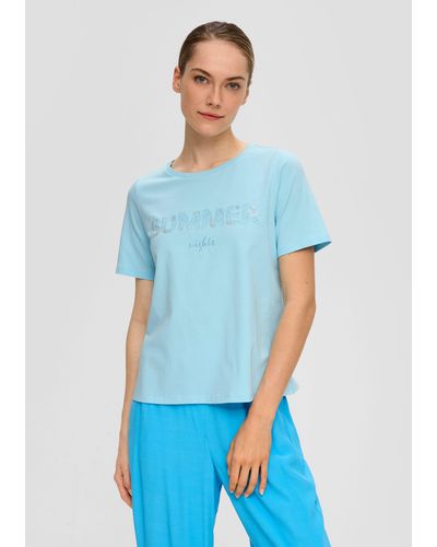 S.oliver Kurzarmshirt T-Shirt aus Baumwollstretch Pailletten, Stickerei - Blau
