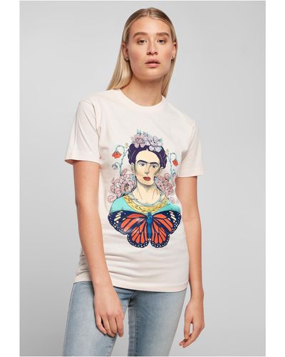 Merchcode Kurzarmshirt Ladies Frida Kahlo Butterfly Tee (1-tlg) - Weiß