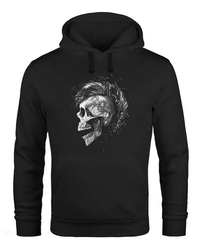 Neverless Hoodie Punk Mohawk Skull Totenkopf Irokese Print Kapuzen-Pullover Männer Fashion Streetstyle ® - Schwarz