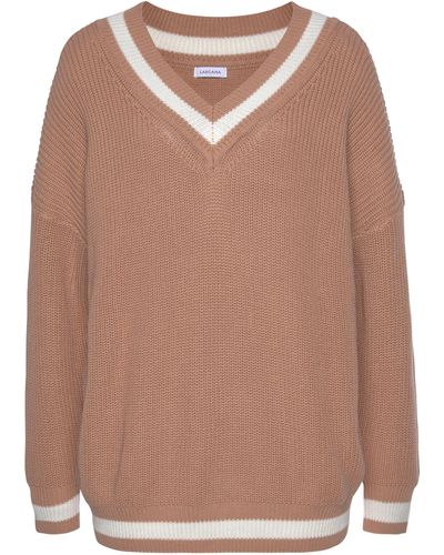 Lascana V-Ausschnitt-Pullover mit Streifen-Details - Braun