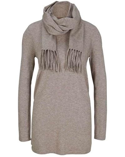 heine Strickpullover LINEA TESINI Designer-Feinstrickpullover m. Schal, beige - Grau