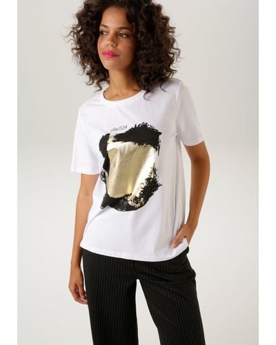 Aniston CASUAL T-Shirt mit goldfarbenem Foliendruck verzierter Frontprint - Weiß