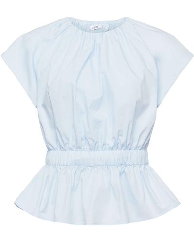 Esprit Kurzarmbluse Popeline-Bluse mit Schößchen - Blau