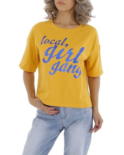 Ital-Design Freizeit Glitzer Textprint Stretch T-Shirt in Gelb - Orange
