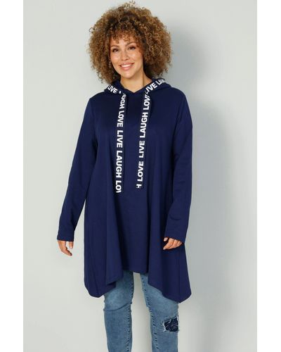 MIAMODA Sweatshirt Long-Hoodie Kapuze mit Schriftband Zipfelsaum - Blau