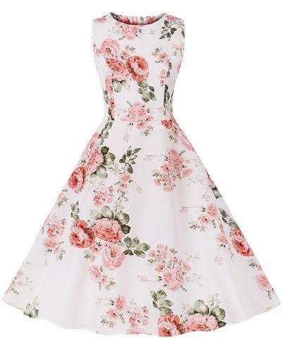 Fivejoy Druckkleid Vintage Blumenkleid im Hepburn-Stil Kleid mit breitem Saum Sommerkleid mit Schleife in der Taille - Pink