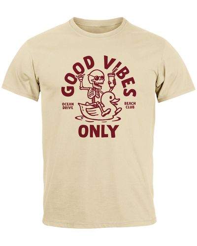 Neverless T-Shirt Printshirt Spruch Good Vibes Only Skelett-Motiv Sommer mit Print - Natur