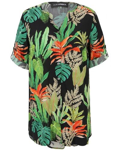 Doris Streich Hemdbluse Longbluse mit Blätter-Print - Grün