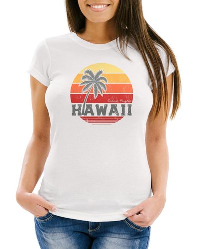 Neverless T-Shirt Hawaii Palme Tropical Summer Retro Slim Fit Baumwolle ® mit Print - Grau