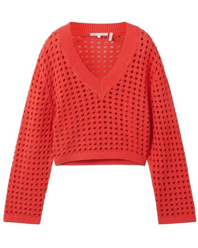 Tom Tailor Sweatshirt open knit pullover, Plain Red - Rot