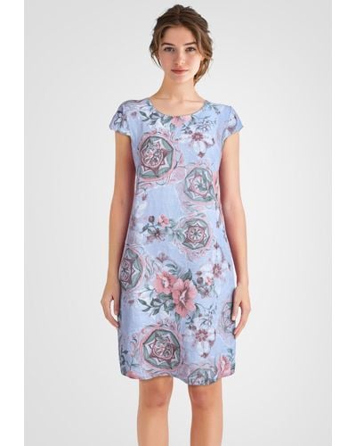 PEKIVESSA Sommerkleid Leinenkleid knielang kurzarm (A-Linie, 1-tlg) mit floralem Muster - Weiß
