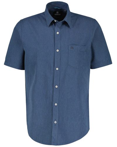 Lerros Kurzarmhemd Unifarbenes Baumwoll-Leinenhemd - Blau