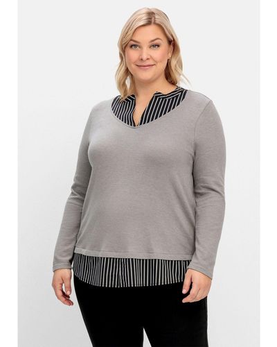 Sheego V-Ausschnitt-Pullover Große Größen mit Webeinsatz, 2-in-1-Optik - Grau