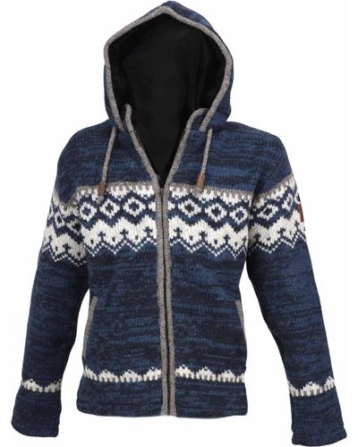 KUNST UND MAGIE Strickjacke Schurwolle Nordisches Muster Wolle Jacke+Kapuze - Blau