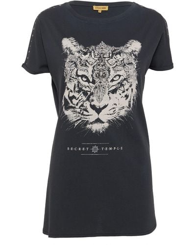 Sarah Kern T-Shirt Kurzarmshirt Figurumspielend mit auffälligem Tiger-Motiv - Schwarz