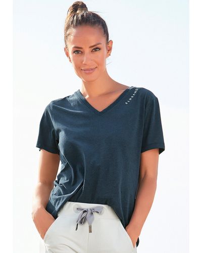 Elbsand T-Shirt Talvi mit Flockprint und V-Ausschnitt, Kurzarmshirt aus Baumwoll-Mix - Blau