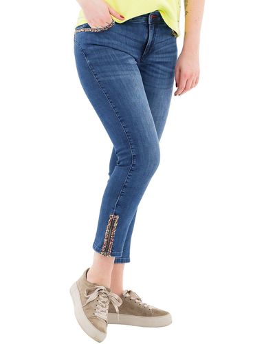 incasual Skinny-fit-Jeans Röhrenhose koerpernah mit Stickerei und Perlendetails - Blau