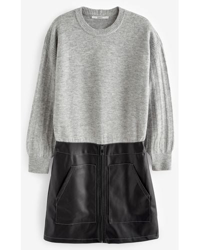 Next Kleid 2-in--Mini-Pulloverkleid aus Kunstleder mit RV (1-tlg) - Grau