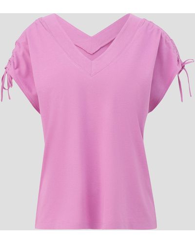 S.oliver Kurzarmshirt Ärmelloses Shirt mit Bindedetails an der Schulterpartie Schleife, Raffung - Pink