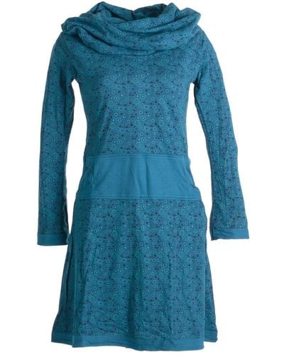Vishes Jerseykleid Bedrucktes Kleid aus Baumwolle mit Schalkragen Ethno, Goa, Boho, Hippie Style - Blau