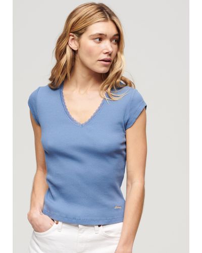 Superdry T-Shirt ESSENTIAL LACE TRIM V TEE - Blau
