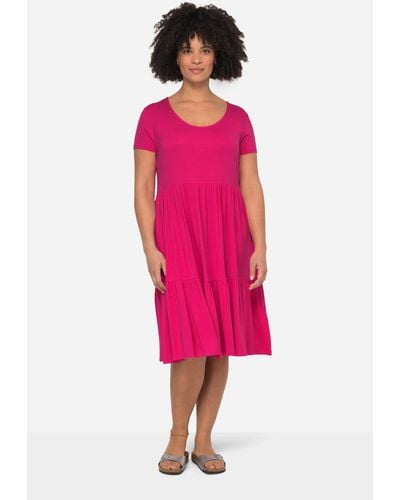 Janet & Joyce Sommerkleid Jerseykleid Rundhals Halbarm Saum-Volants - Pink