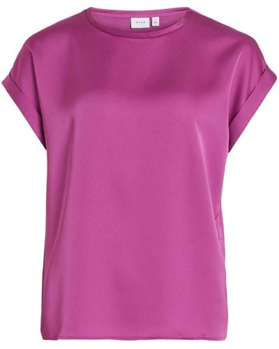 Vila Satin Blusen T-Shirt Kurzarm Basic Top Glänzend VIELLETTE 4599 in Neon Pink
