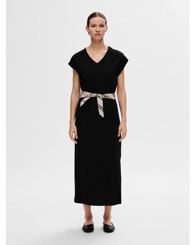 SELECTED Shirtkleid Legeres Sommerkleid Maxi Dress mit Bindegürtel (lang) 7500 in Schwarz
