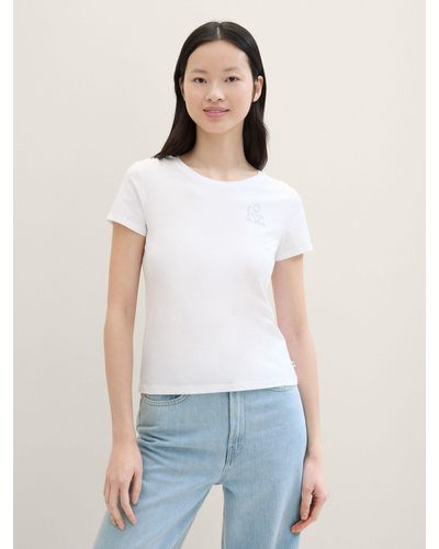 Tom Tailor Langarmshirt Print T-Shirt mit Bio-Baumwolle - Weiß