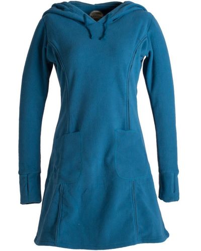 Vishes Midikleid Kleid aus recyceltem Fleece m. großer Zipfelkapuze Hippie, Boho, Goa, Elfen Style - Blau