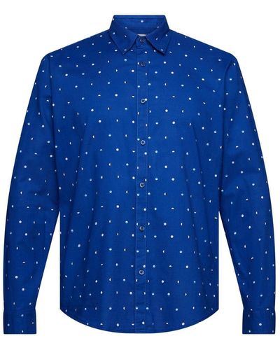 Edc By Esprit Langarmhemd Hemd aus Slub Baumwolle mit Lunar-Dot-Muster - Blau