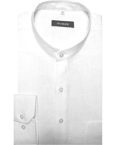 Huber Hemden Leinenhemd HU-0501 Schlupfhemd mit Stehkragen, 100% Leinen Regular Made in EU - Weiß