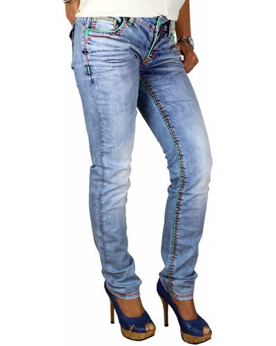 Cipo & Baxx Straight- Jeans Hose dicken Nähten außergwöhnliches Design mit vielen Neon Elementen - Blau