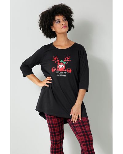 Janet & Joyce Rundhalsshirt T-Shirt A-Line XMAS-Print Rundhals 3/4-Ärmel - Schwarz